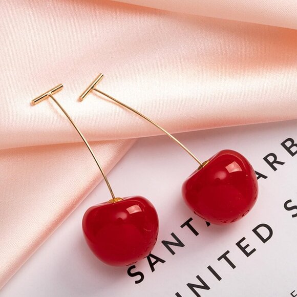 Women's Red Acrylic Cute Shine Cherry Dangle Drop Tassel Charm Earrings - Picture 6 of 7